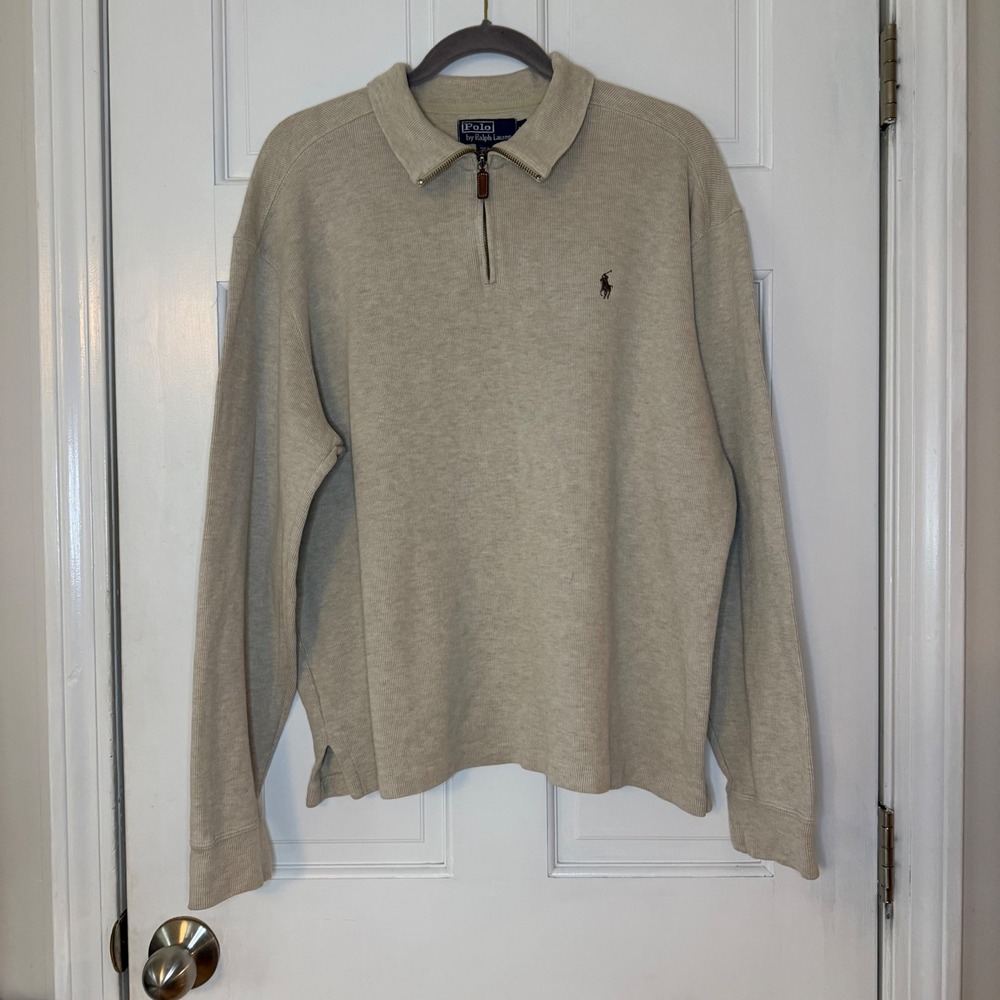 Polo Ralph Lauren Quarter Zip Pullover Mens L Beige Cotton Pony Logo Preppy Ivy